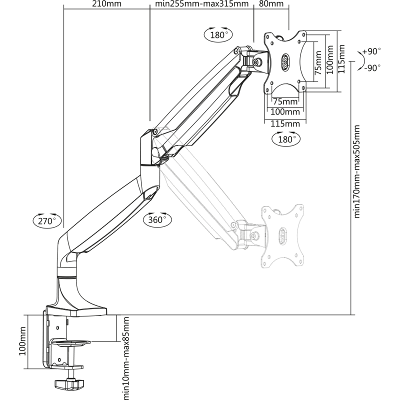 DQ Monitor arm NIKA Alu - med gasfjeder - tvophaeng.dk