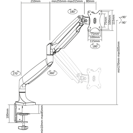 DQ Monitor arm NIKA Alu - med gasfjeder - tvophaeng.dk