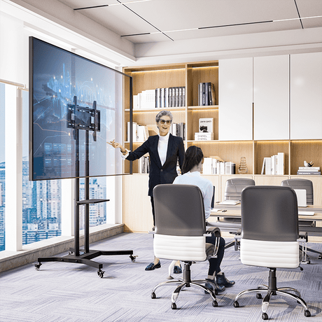 DQ Wall - Support TV Stander Cato sort med stikkontakter og USB - porte - tvophaeng.dk