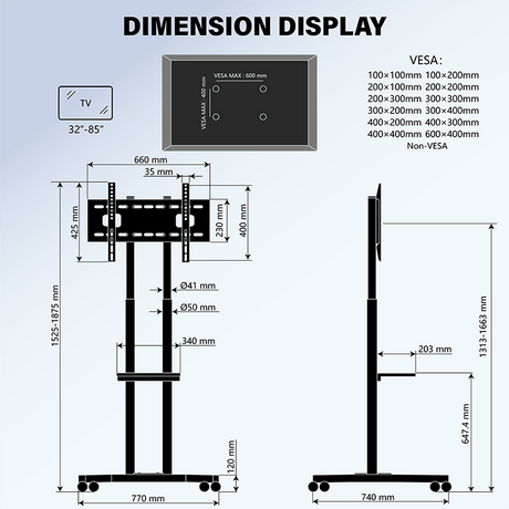 DQ Wall - Support TV Stander Cato sort med stikkontakter og USB - porte - tvophaeng.dk