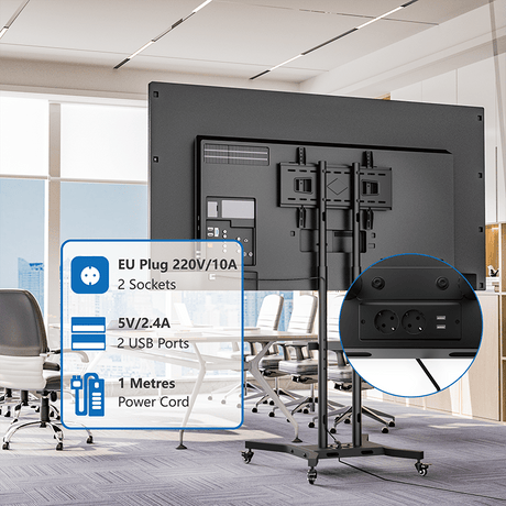 DQ Wall - Support TV Stander Cato sort med stikkontakter og USB - porte - tvophaeng.dk