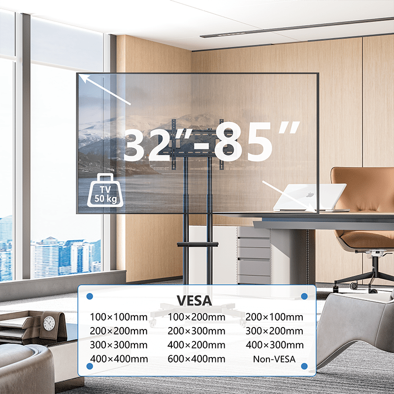 DQ Wall - Support TV Stander Cato sort med stikkontakter og USB - porte - tvophaeng.dk