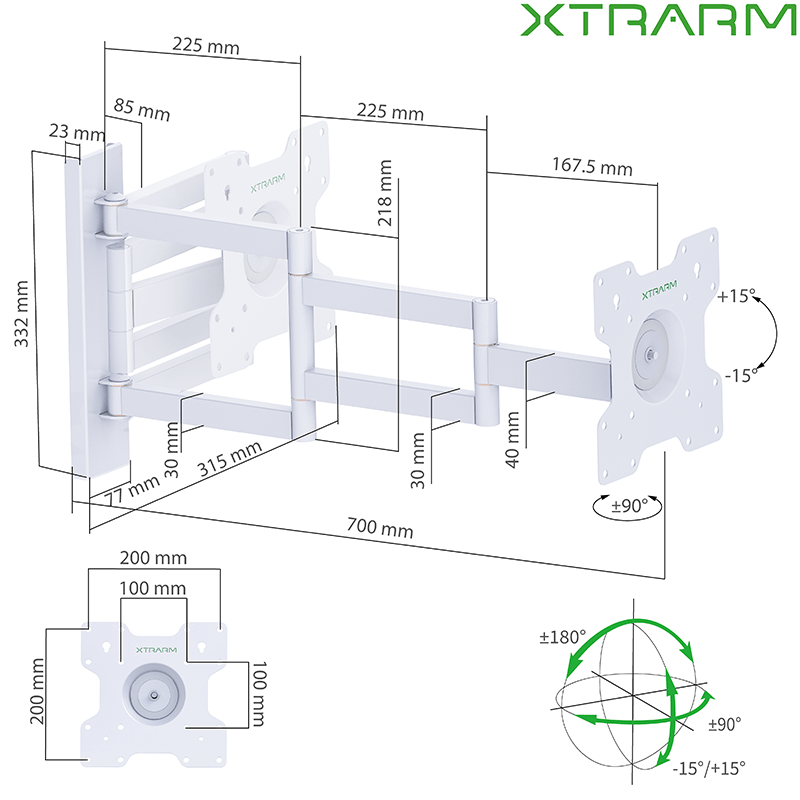 XTRARM Axis XL Hvid Drejeligt 70 cm TV vægbeslag - tvophaeng.dk