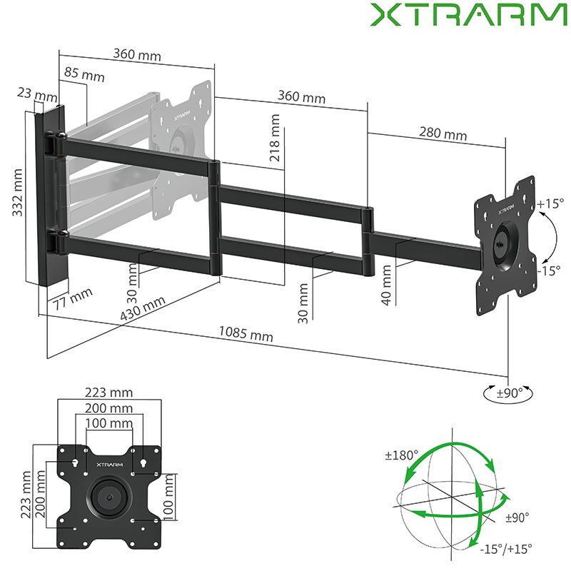 XTRARM Axis XL Rotate Sort Drejeligt 108,5 cm TV vægbeslag - tvophaeng.dk