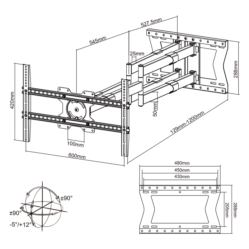 XTRARM Cratos 120 cm Rotate 600 TV ophæng sort - tvophaeng.dk