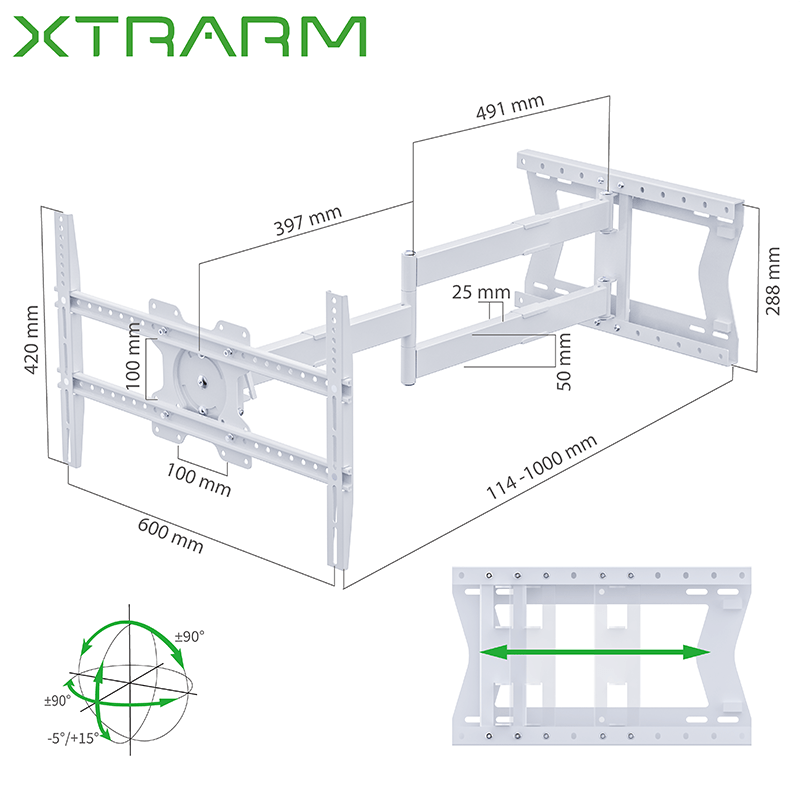 XTRARM Crius 100 cm Rotate 600 TV ophæng hvid - tvophaeng.dk