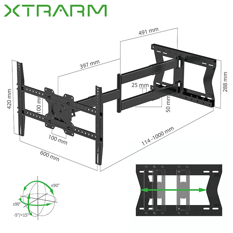 XTRARM Crius 100 cm Rotate 600 TV ophæng sort - tvophaeng.dk