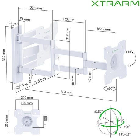 XTRARM Axis XL Hvid Drejeligt 70 cm TV vægbeslag - tvophaeng.dk